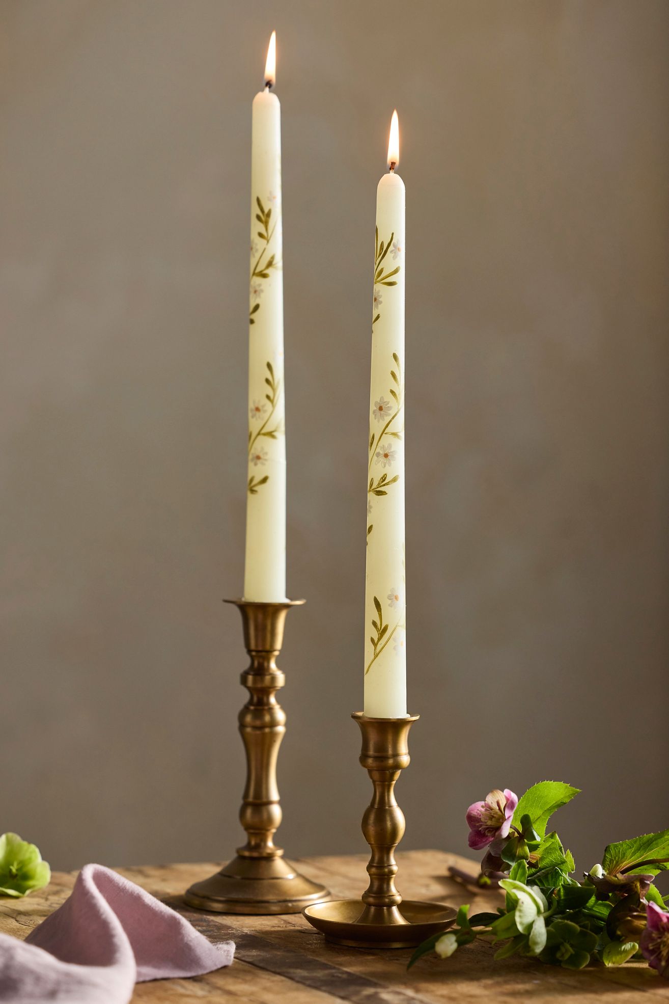 Painted Floral Taper Candles, Set of 2 - Green, Standard, One Size
