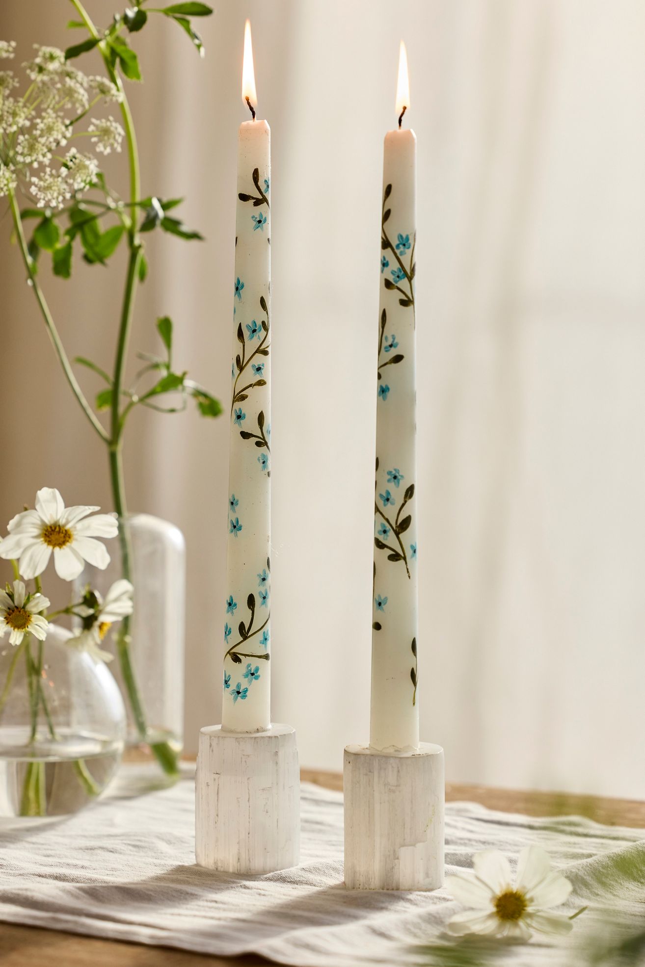 Painted Floral Taper Candles, Set of 2 - Blue, One Size