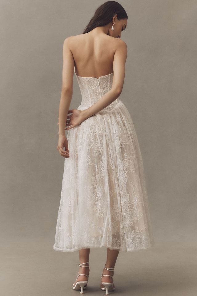 Watters Serge Strapless Basque-Waist Lace Midi Dress #3