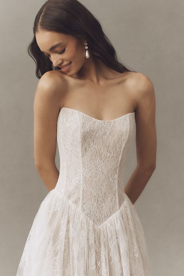 Watters Serge Strapless Basque-Waist Lace Midi Dress #4
