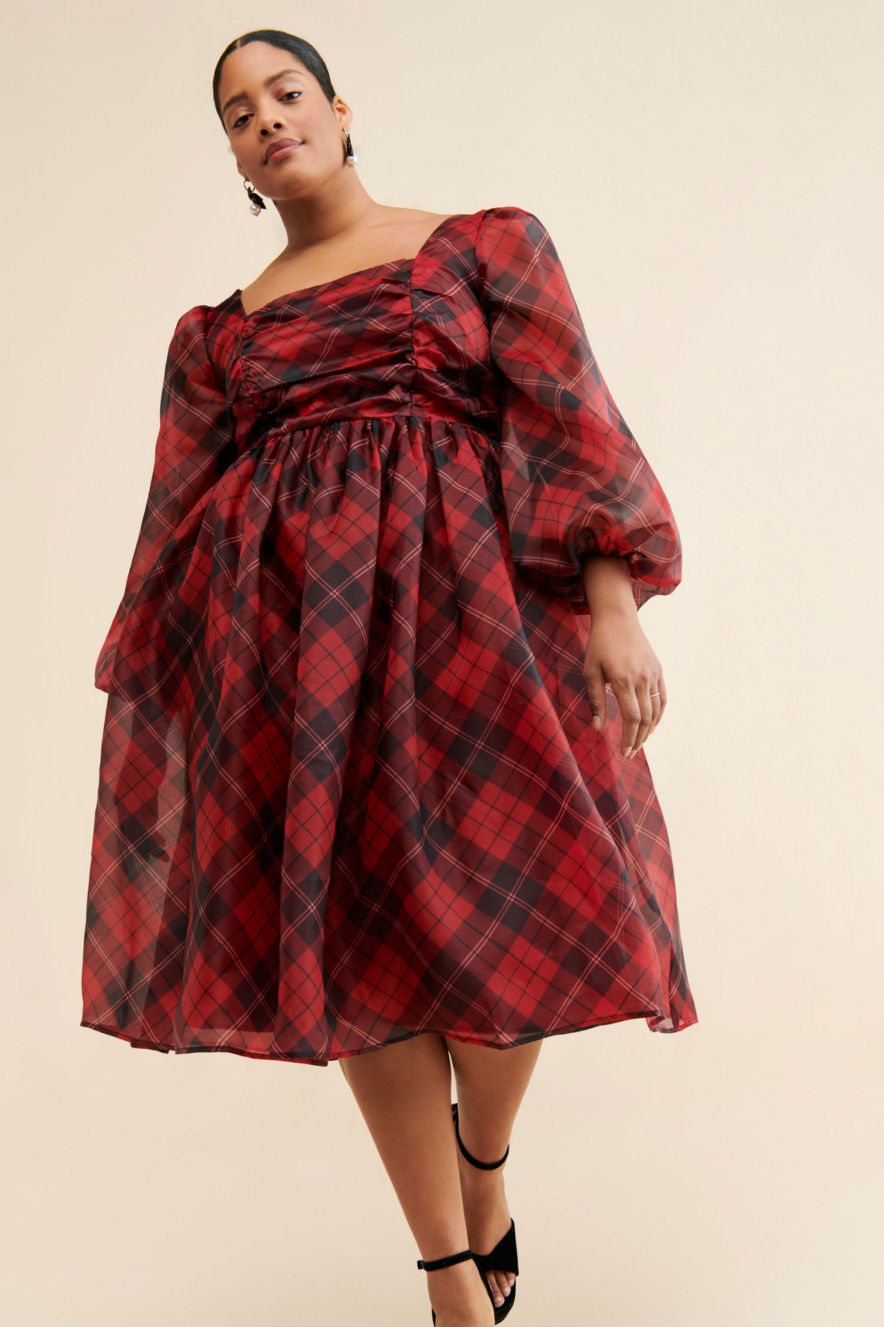 Eloquii Plaid Puff Sleeve Midi Dress