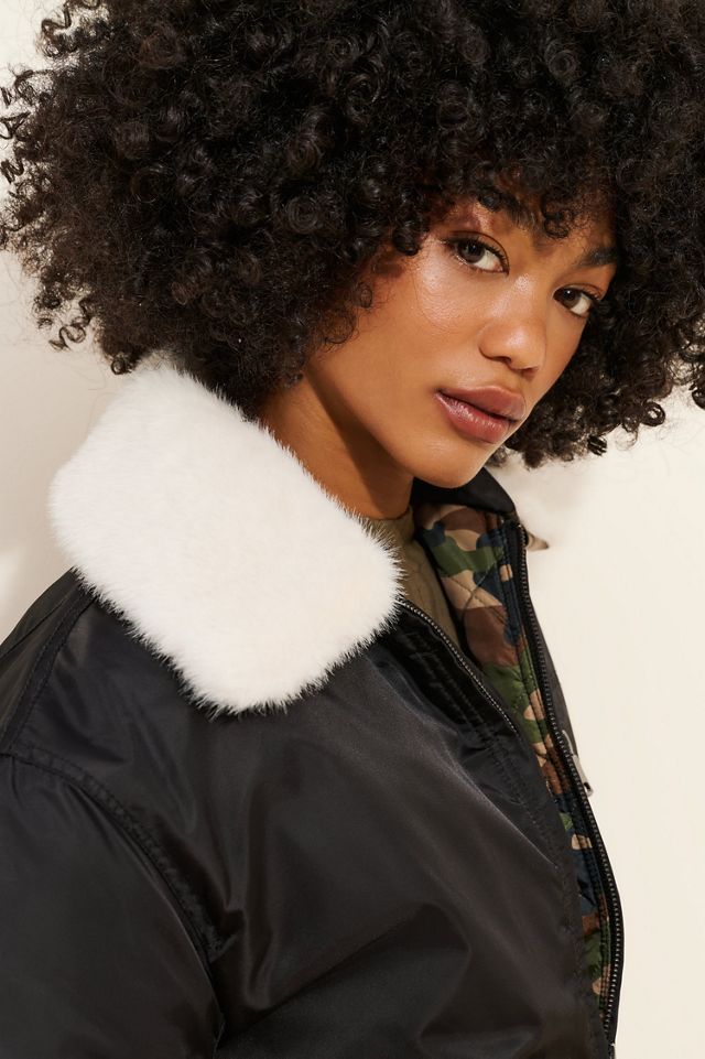 NVLT Faux Fur Collar Padded Bomber Jacket #1