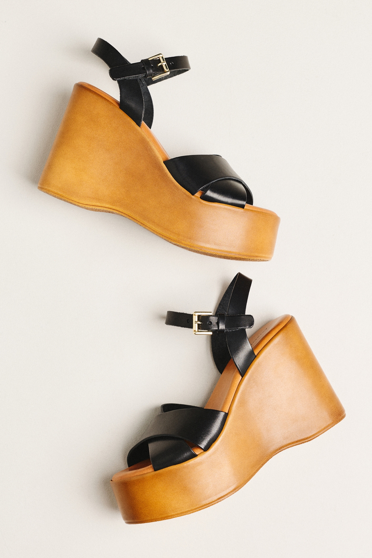 By Anthropologie Wood-Bottom Ankle-Strap Platform Wedge Heels