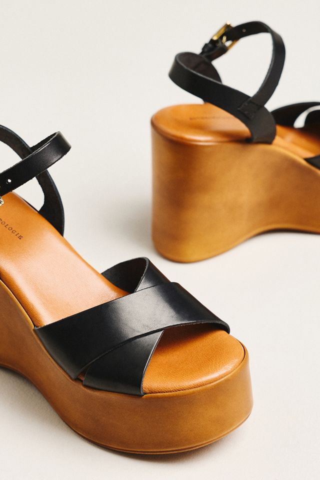 By Anthropologie Wood-Bottom Ankle-Strap Platform Wedge Heels #2