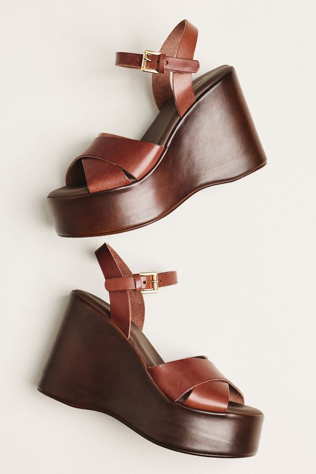 By Anthropologie Wood-Bottom Ankle-Strap Platform Wedge Heels #1