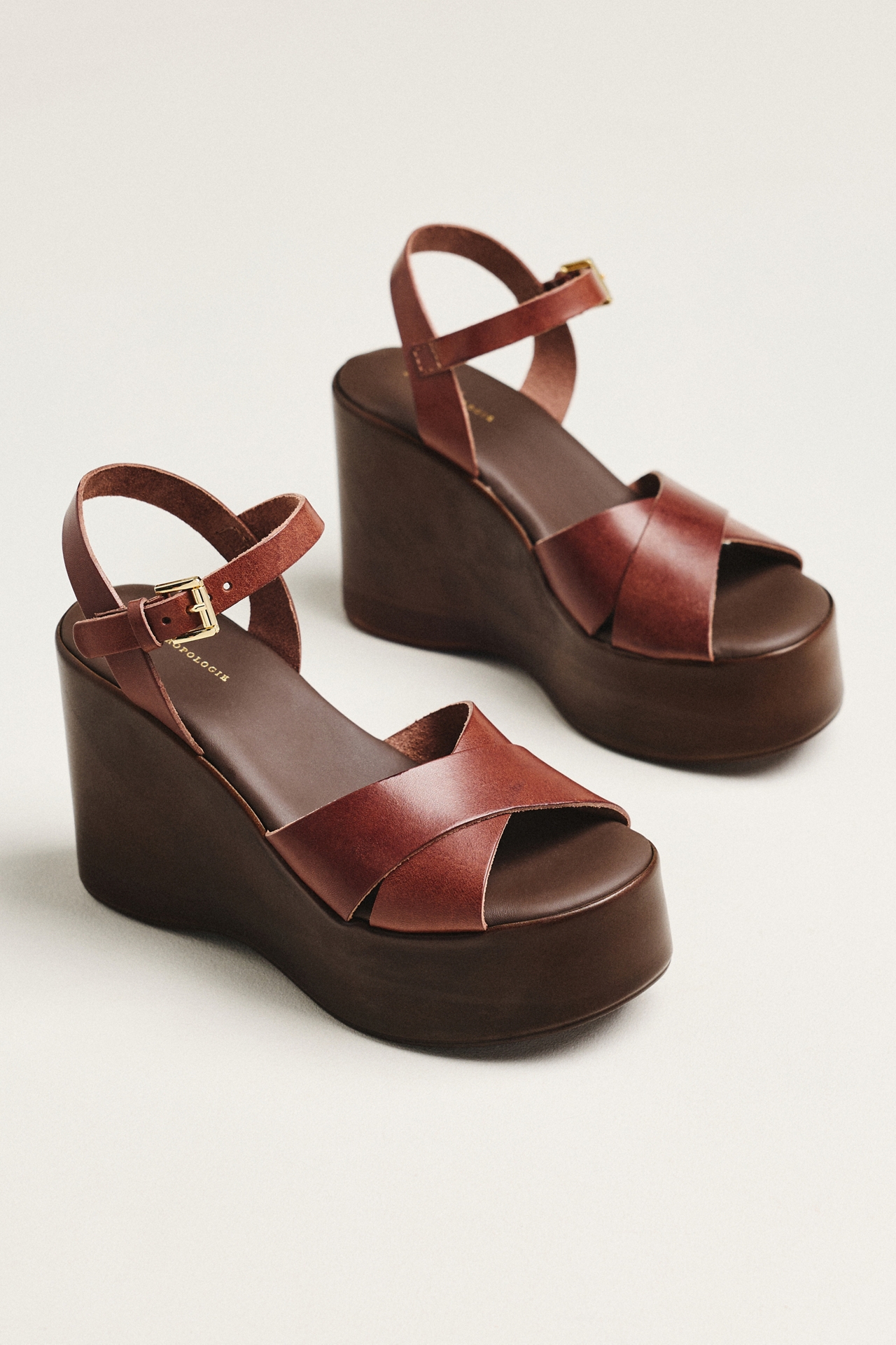 By Anthropologie Wood-Bottom Ankle-Strap Platform Wedge Heels