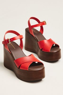 By Anthropologie Wood-Bottom Ankle-Strap Platform Wedge Heels
