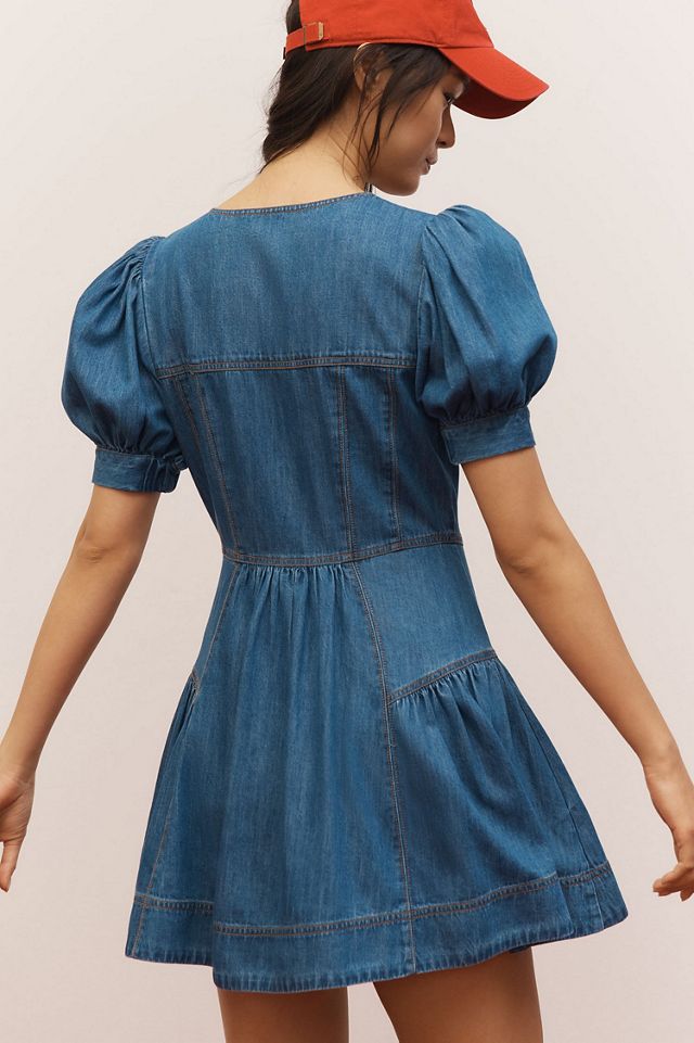 Maeve Puff-Sleeve Tiered Denim Mini Dress #1