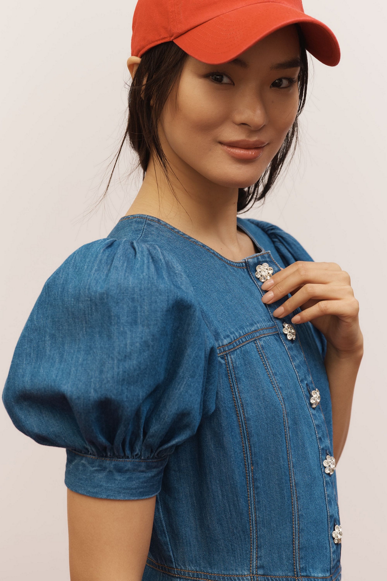 Maeve Puff-Sleeve Tiered Denim Mini Dress