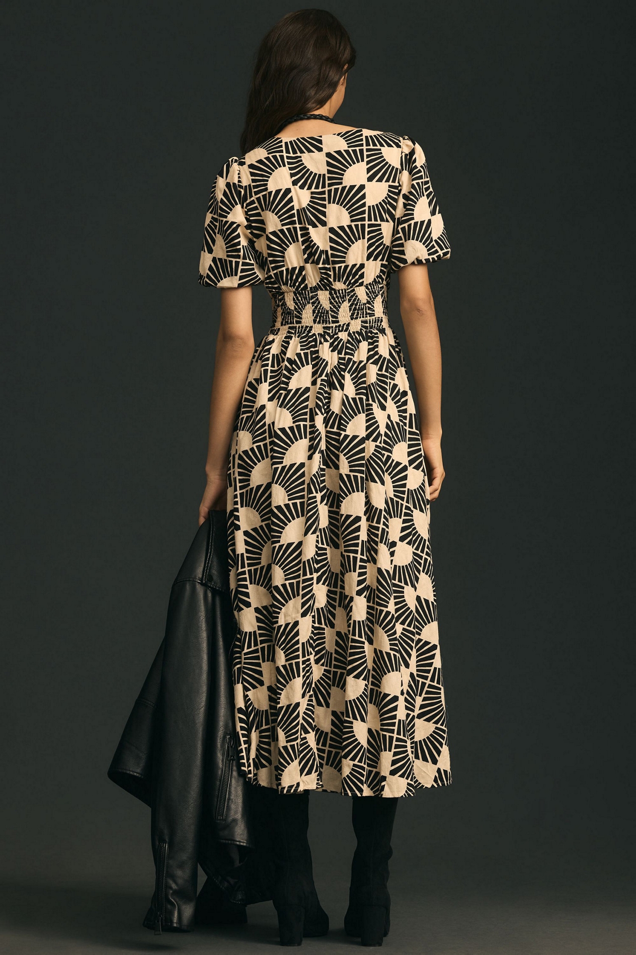 V-Neck Puff-Sleeve Midi Dress