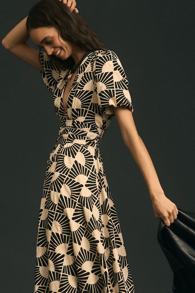 V-Neck Puff-Sleeve Midi Dress #4