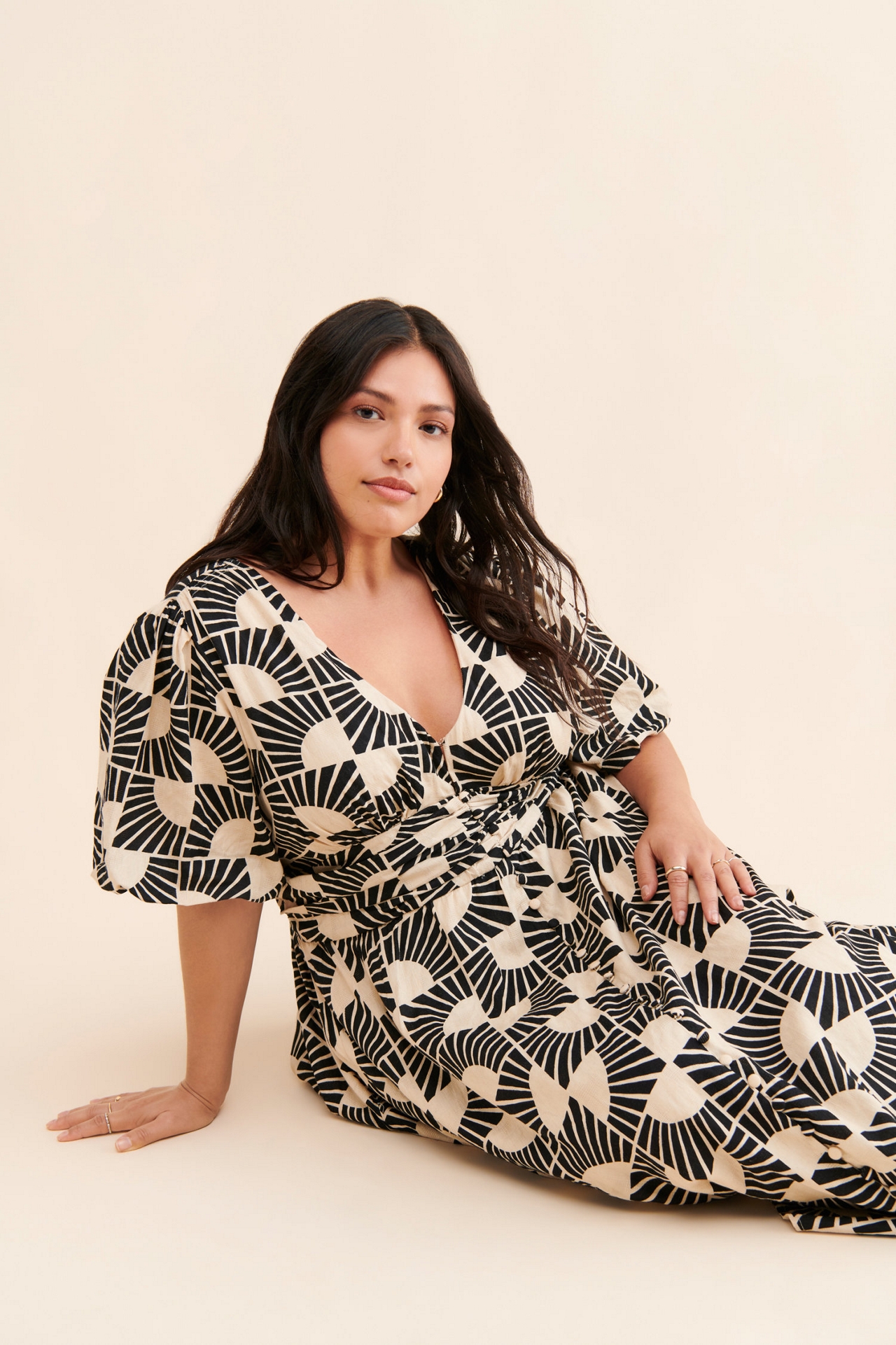 V-Neck Puff-Sleeve Midi Dress