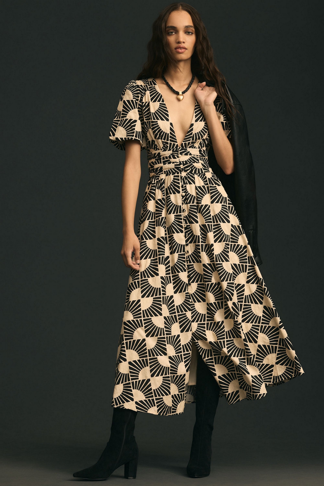 V-Neck Puff-Sleeve Midi Dress