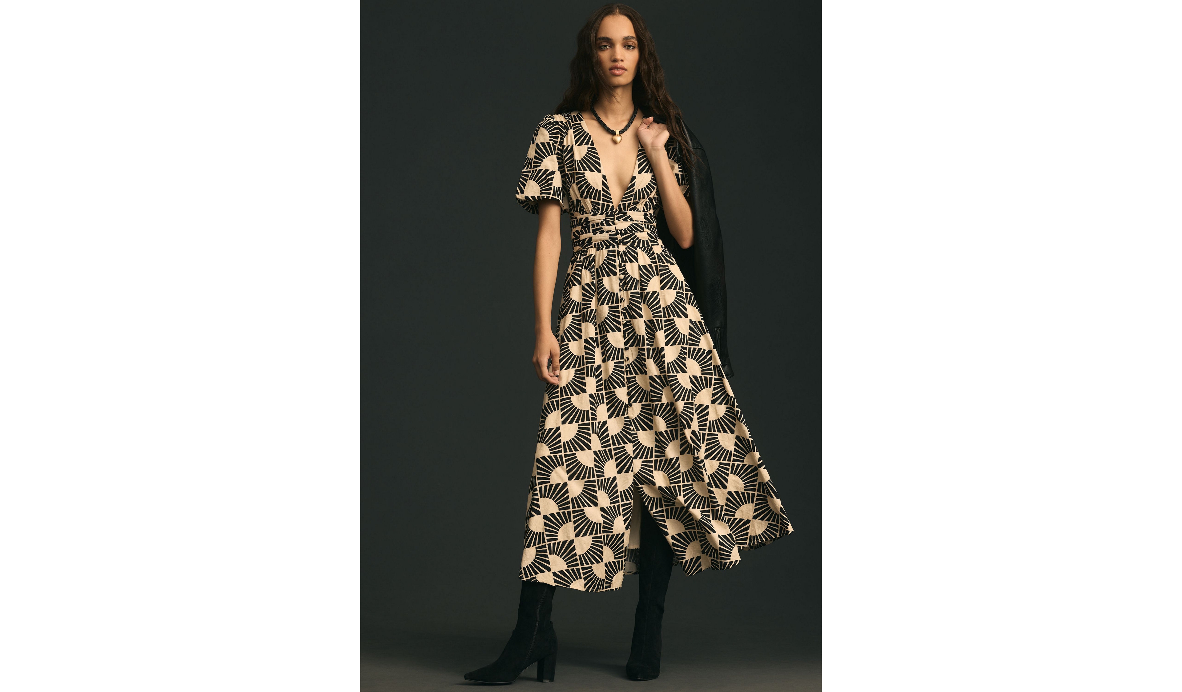 V-Neck Puff-Sleeve Midi Dress