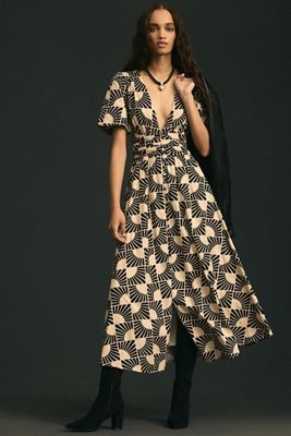 V-Neck Puff-Sleeve Midi Dress