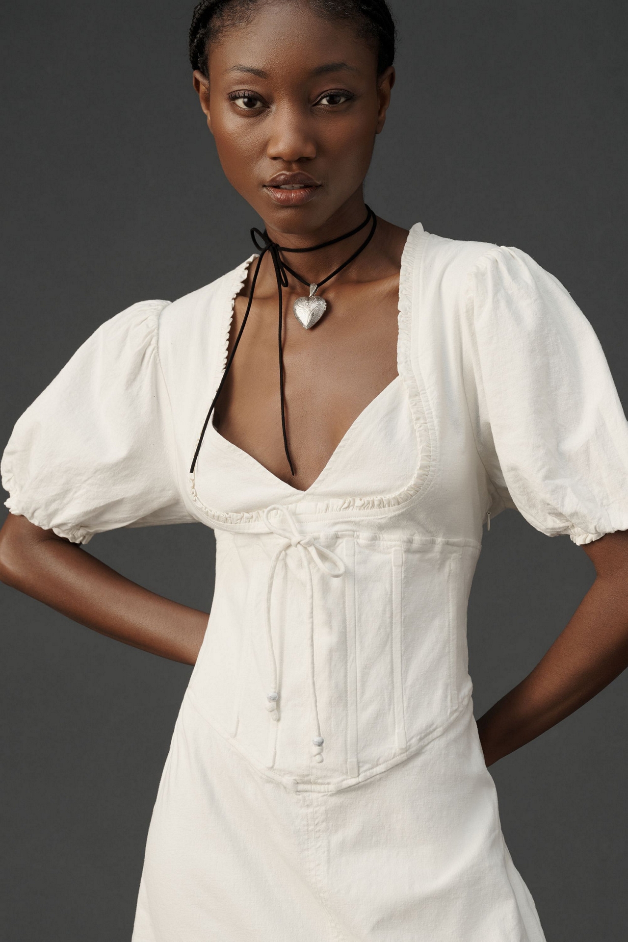 Maeve Puff-Sleeve Corset Linen Midi Dress
