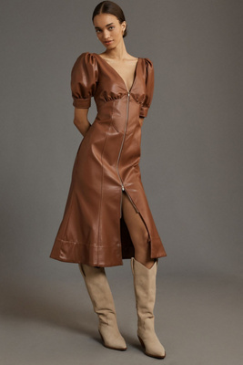anthropologie green leather dress En Saison Lana Vegan Leather Dress