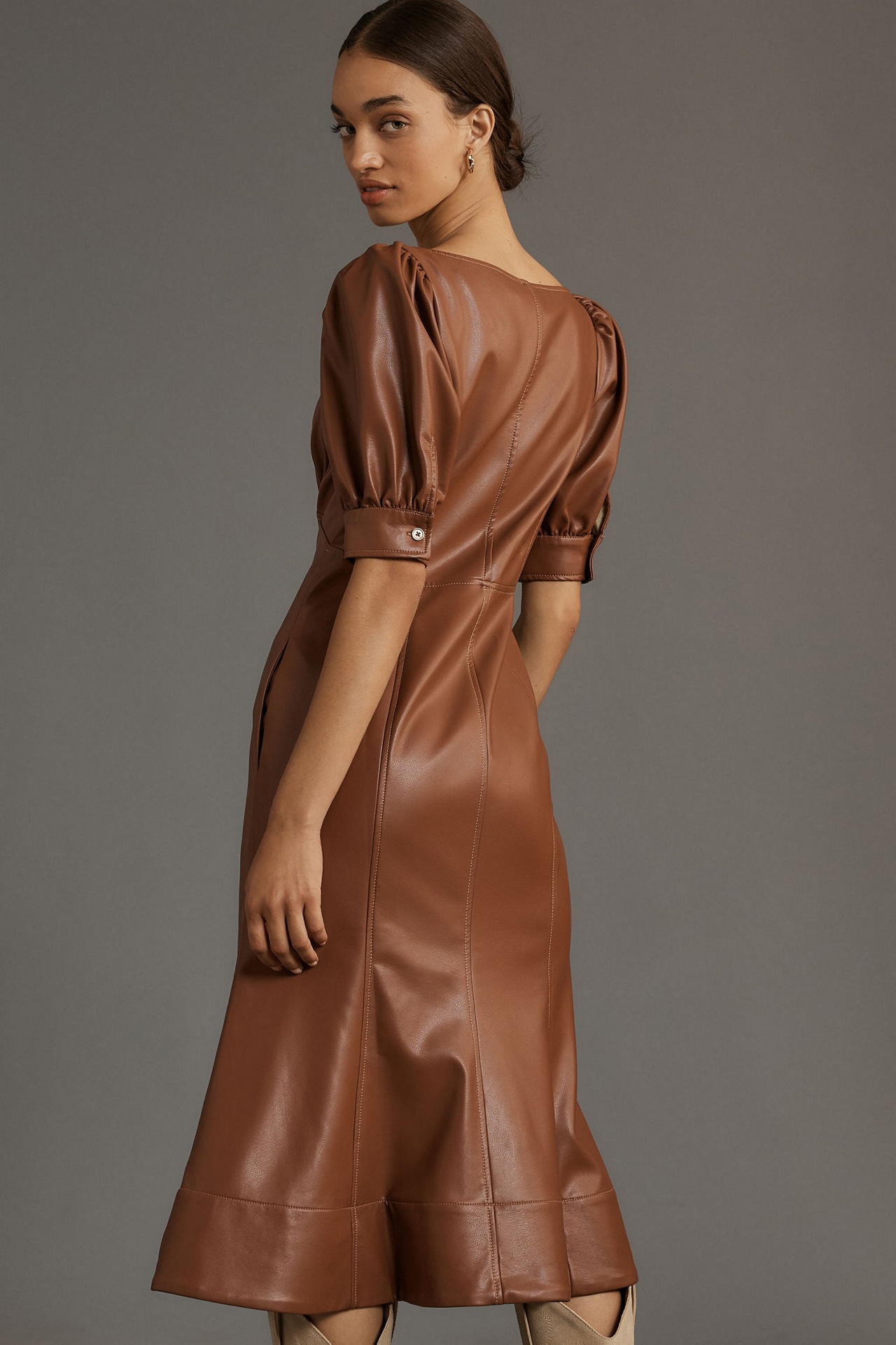 Vegan Leather Puff-Sleeve Zip-Front Midi Dress