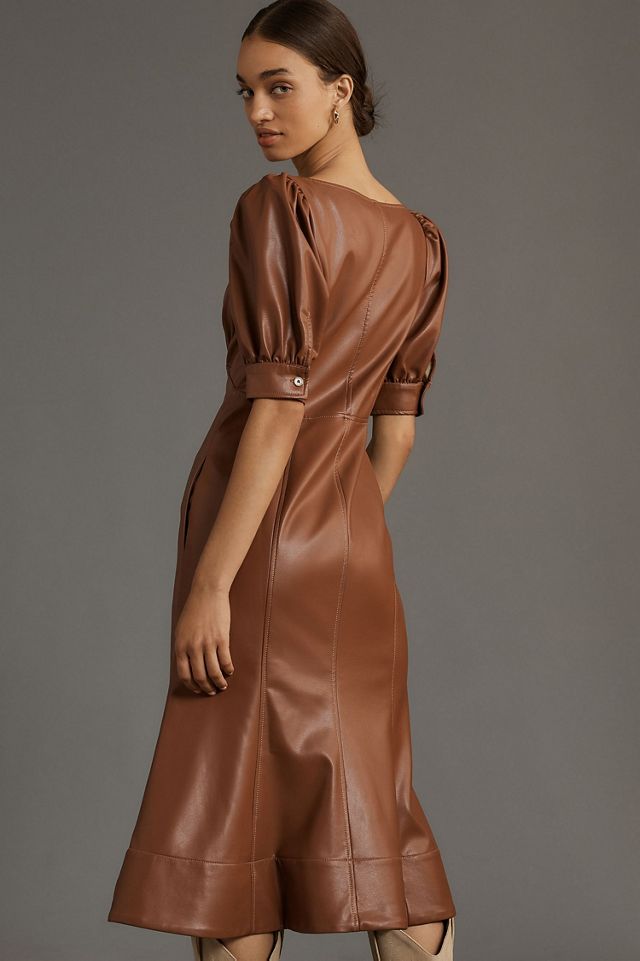 Vegan Leather Puff-Sleeve Zip-Front Midi Dress #1