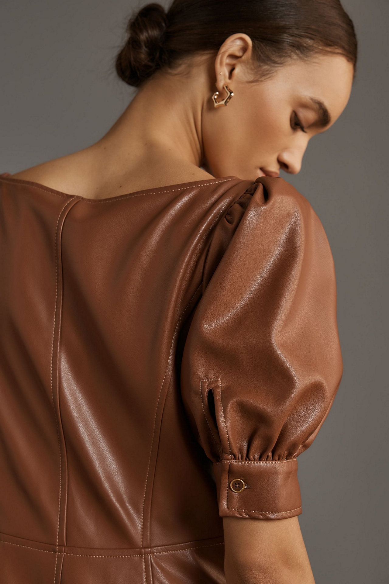 Vegan Leather Puff-Sleeve Zip-Front Midi Dress