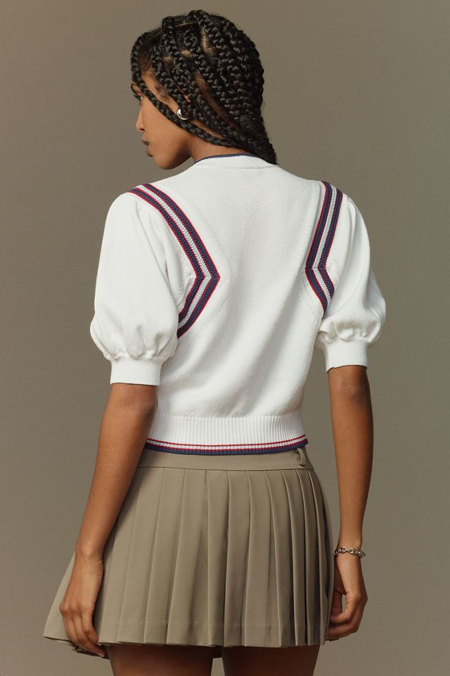 Maeve Puff-Sleeve Inset-Graphic Cardigan Sweater #3