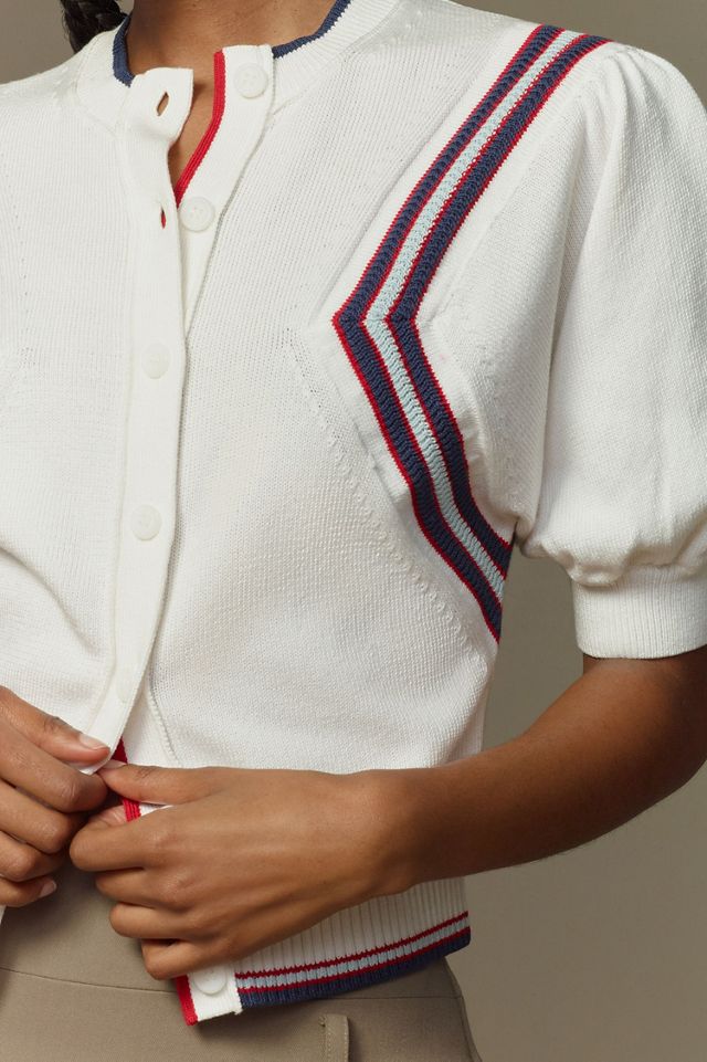 Maeve Puff-Sleeve Inset-Graphic Cardigan Sweater #2