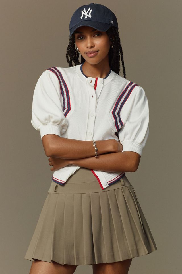 Maeve Puff-Sleeve Inset-Graphic Cardigan Sweater #1