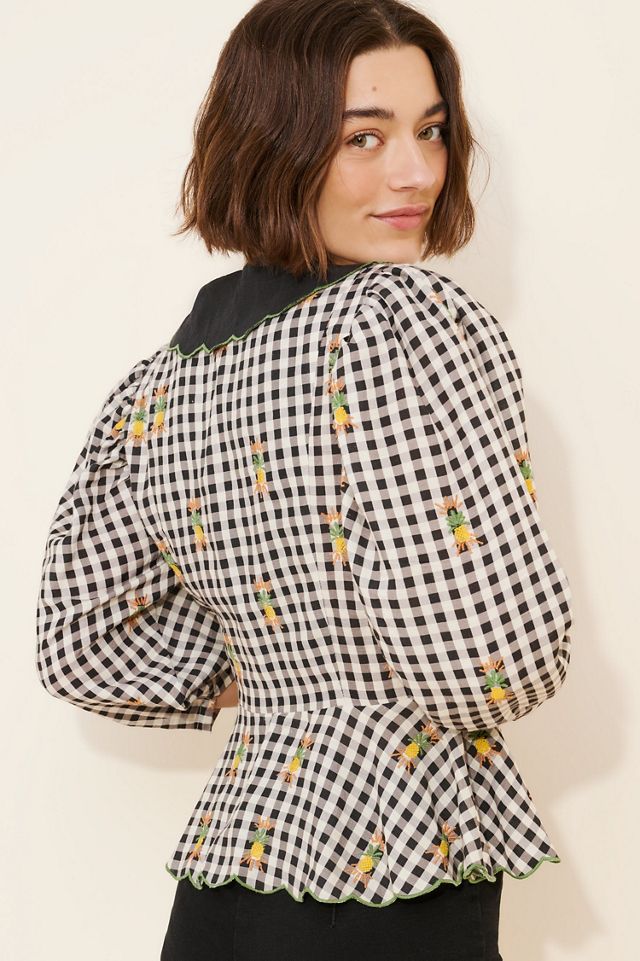 FARM Rio Linen Blend Gingham Embroidered Top #2