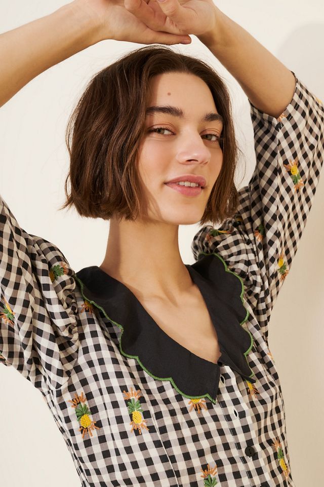 FARM Rio Linen Blend Gingham Embroidered Top #4