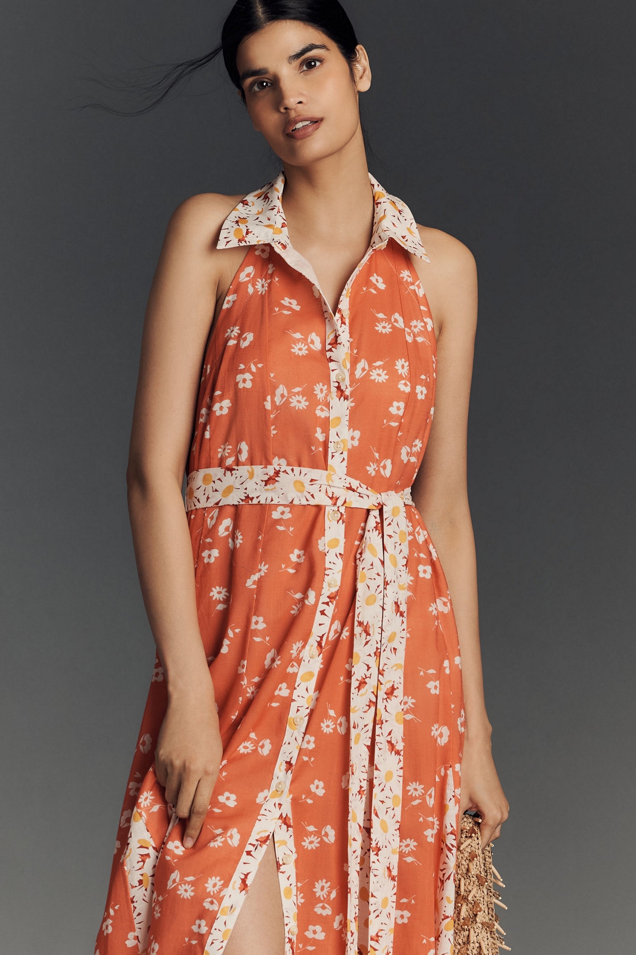 Maeve Halter Open-Back Godet Midi Shirt Dress