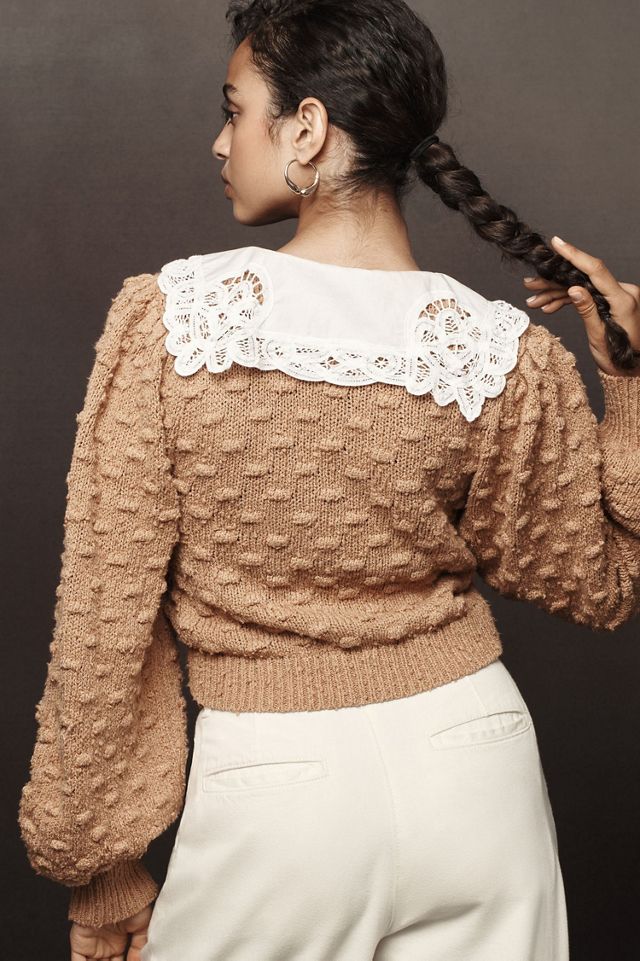 Balloon-Sleeve Collared Cardigan Sweater #2