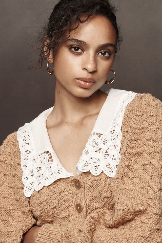 Balloon-Sleeve Collared Cardigan Sweater #3