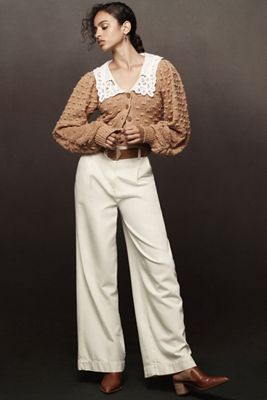 Balloon-Sleeve Collared Cardigan Sweater