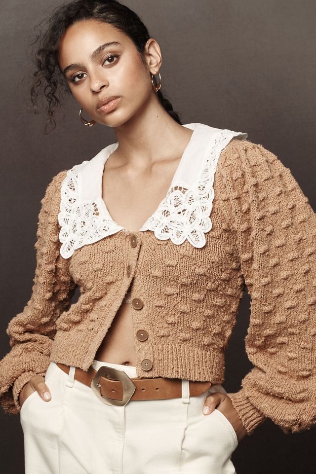 Balloon-Sleeve Collared Cardigan Sweater #4