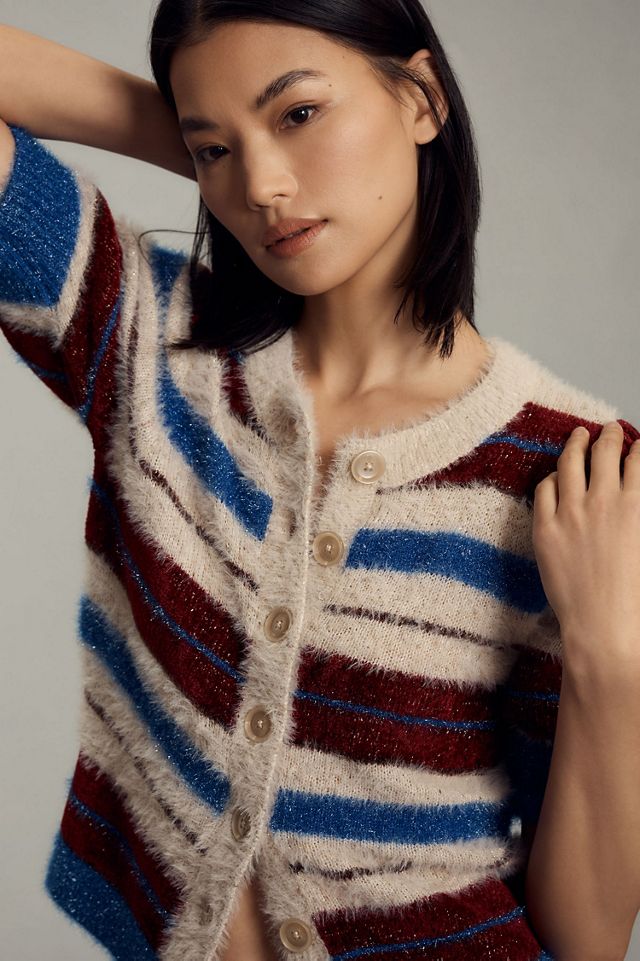 Maeve Short-Sleeve Fuzzy Cardigan Sweater #1