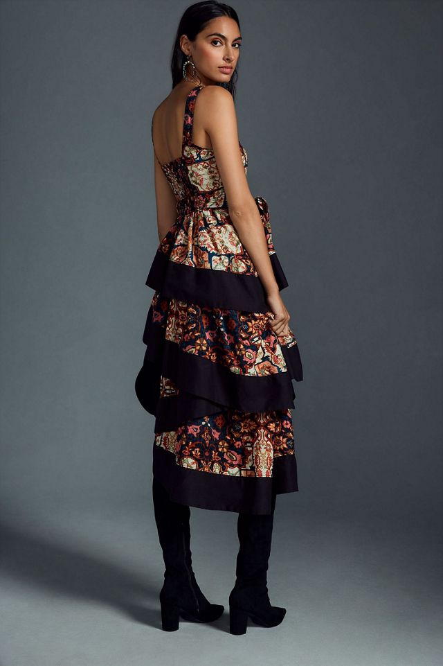Square-Neck Printed Tiered Midi Dress #1