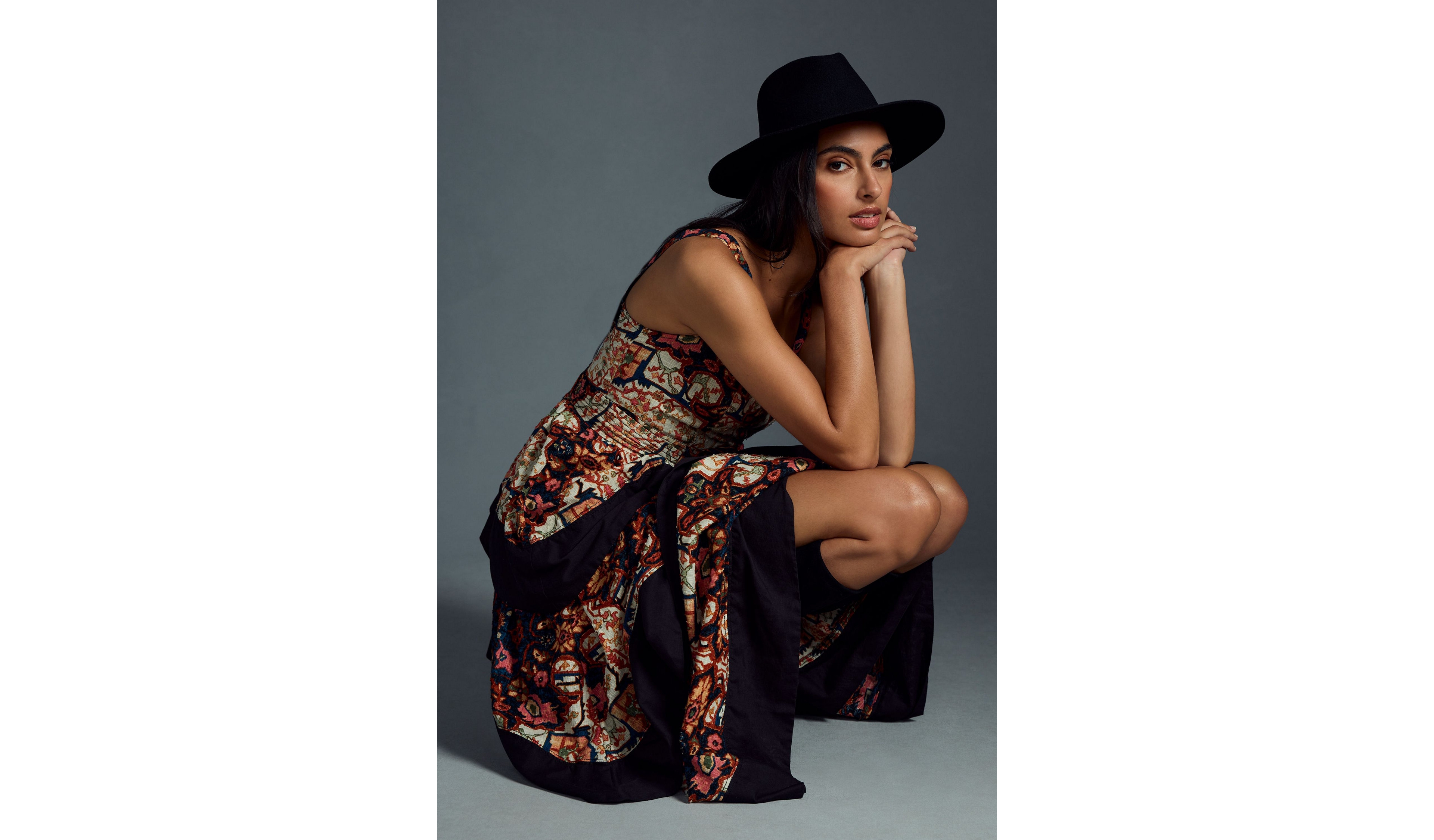Square-Neck Printed Tiered Midi Dress