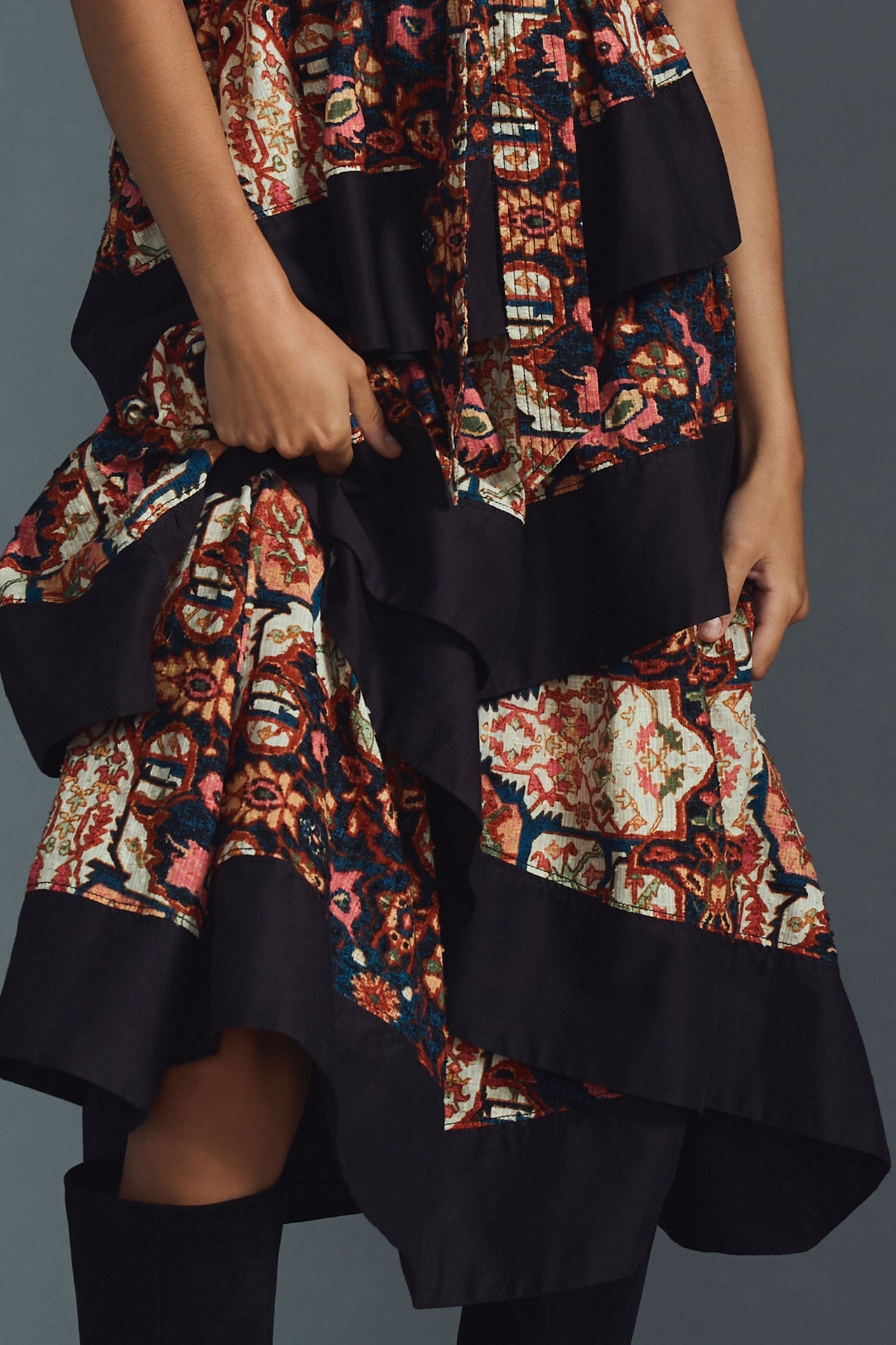 Square-Neck Printed Tiered Midi Dress