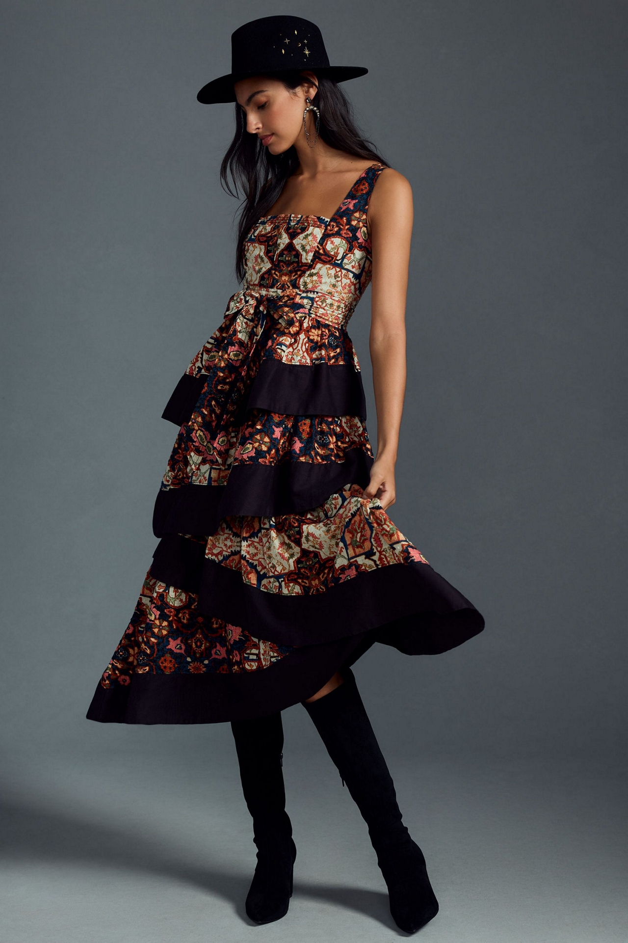 Square-Neck Printed Tiered Midi Dress