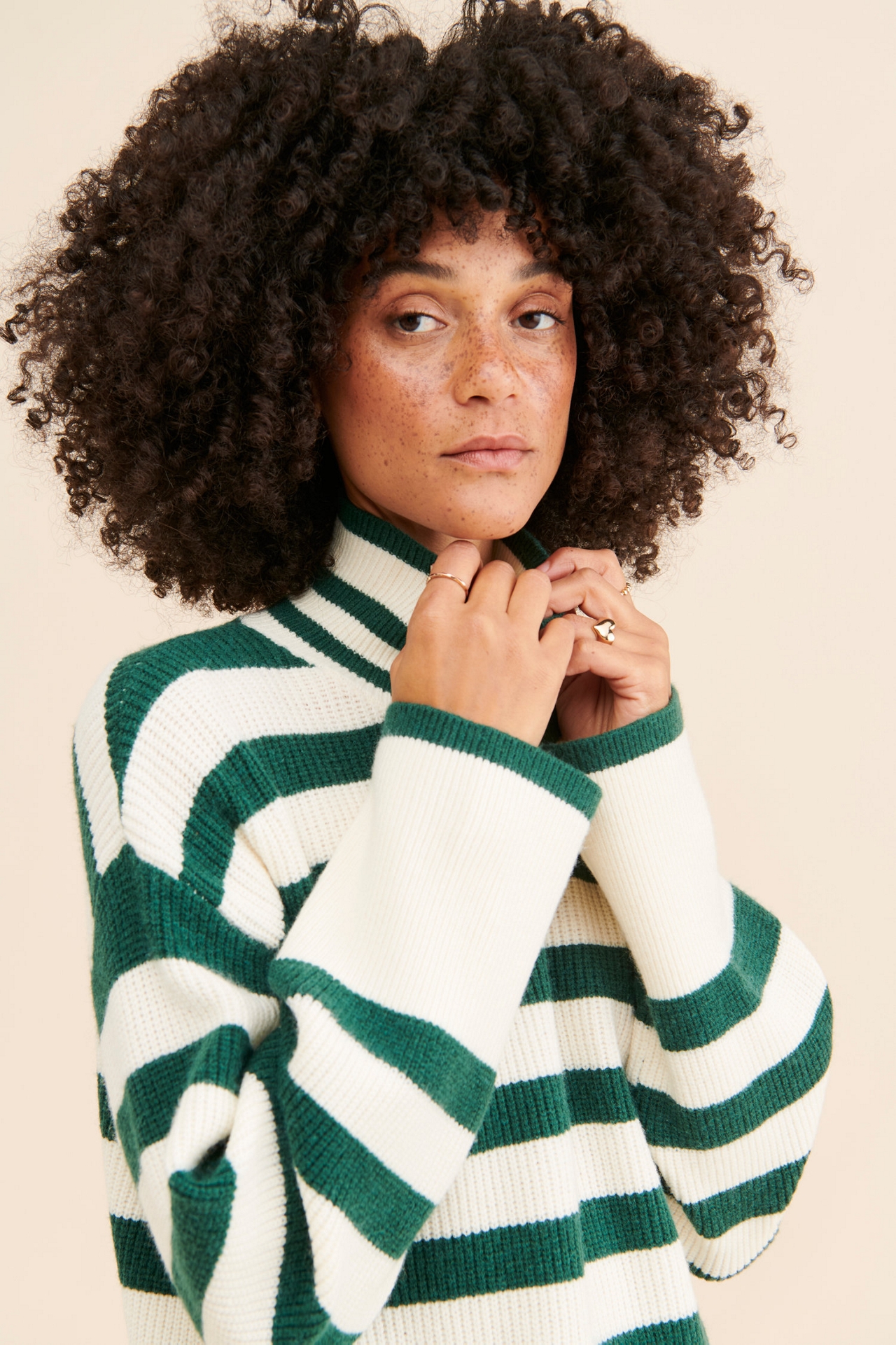 Flat White Striped Turtleneck Oversized Sweater