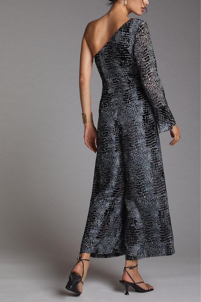 Geisha Designs One-Shoulder Burnout Velvet Jumpsuit #1