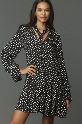 Long-Sleeve Tie-Neck Swing Mini Dress | Anthropologie