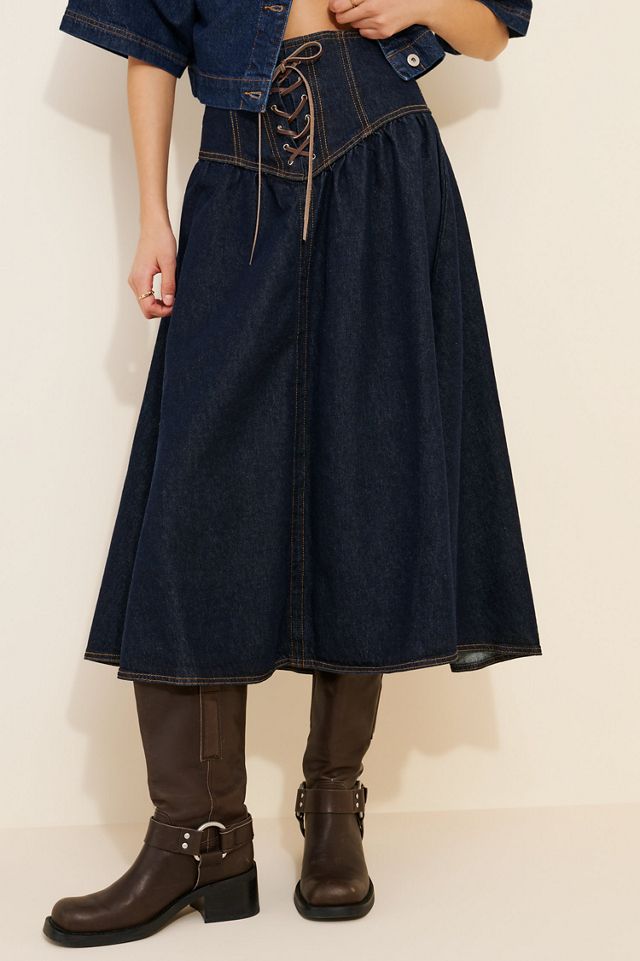 Pilcro Denim Lace-Up Drop Waist Midi Skirt #4