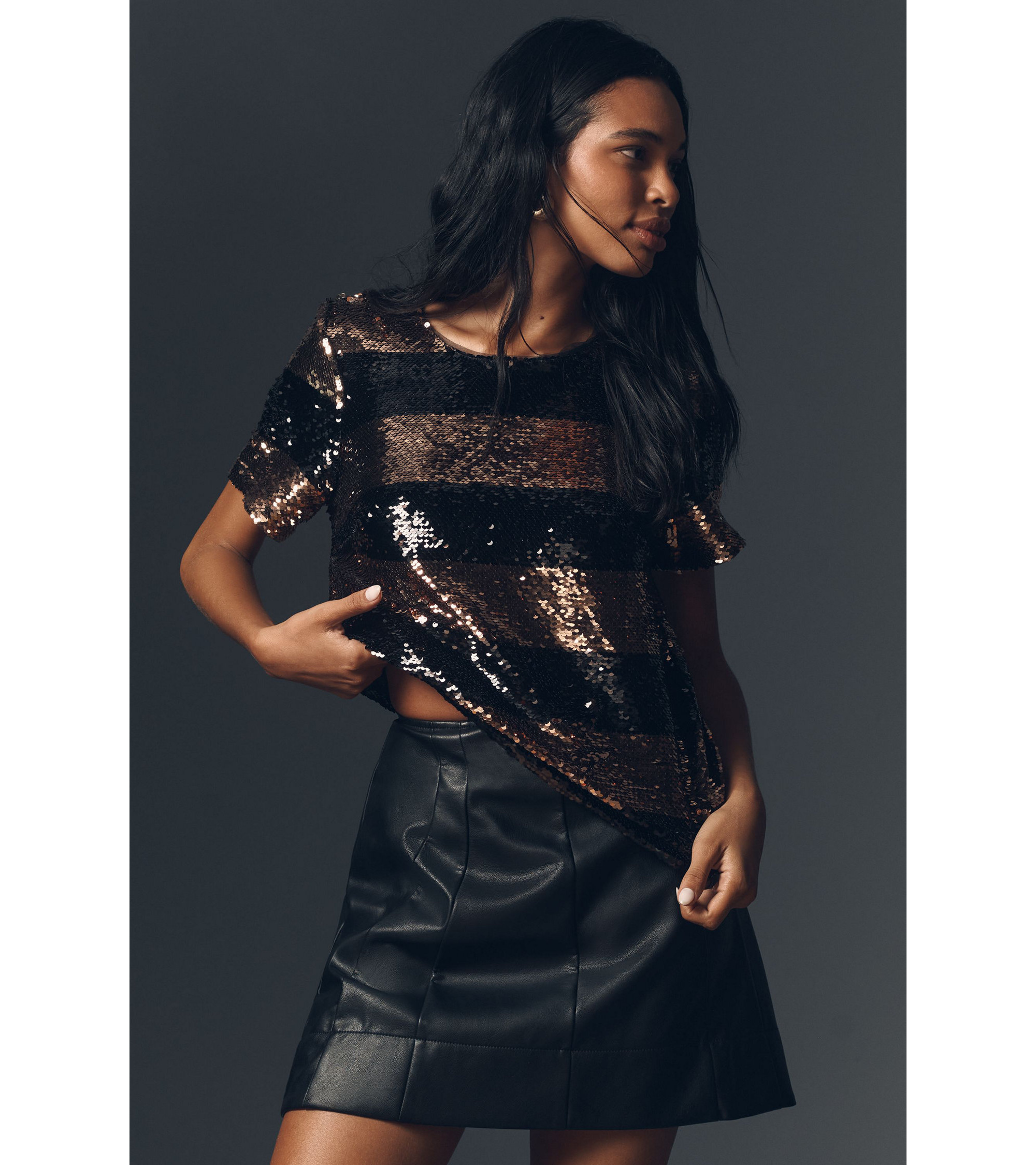 Maeve Short-Sleeve Sequin Striped Top — Image 5