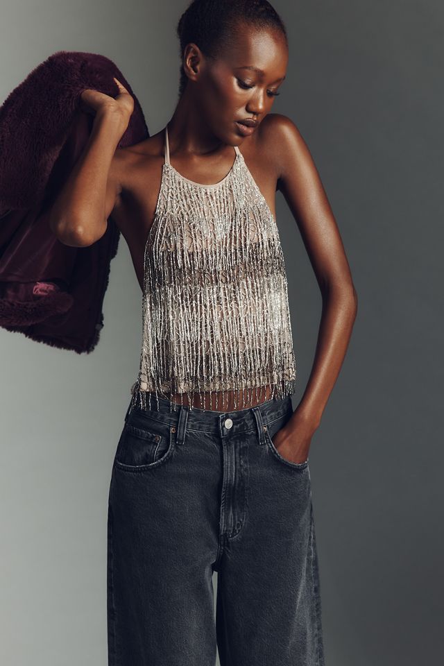 By Anthropologie Fringe Beaded Halter Cami #1