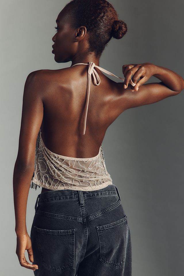 By Anthropologie Fringe Beaded Halter Cami #2