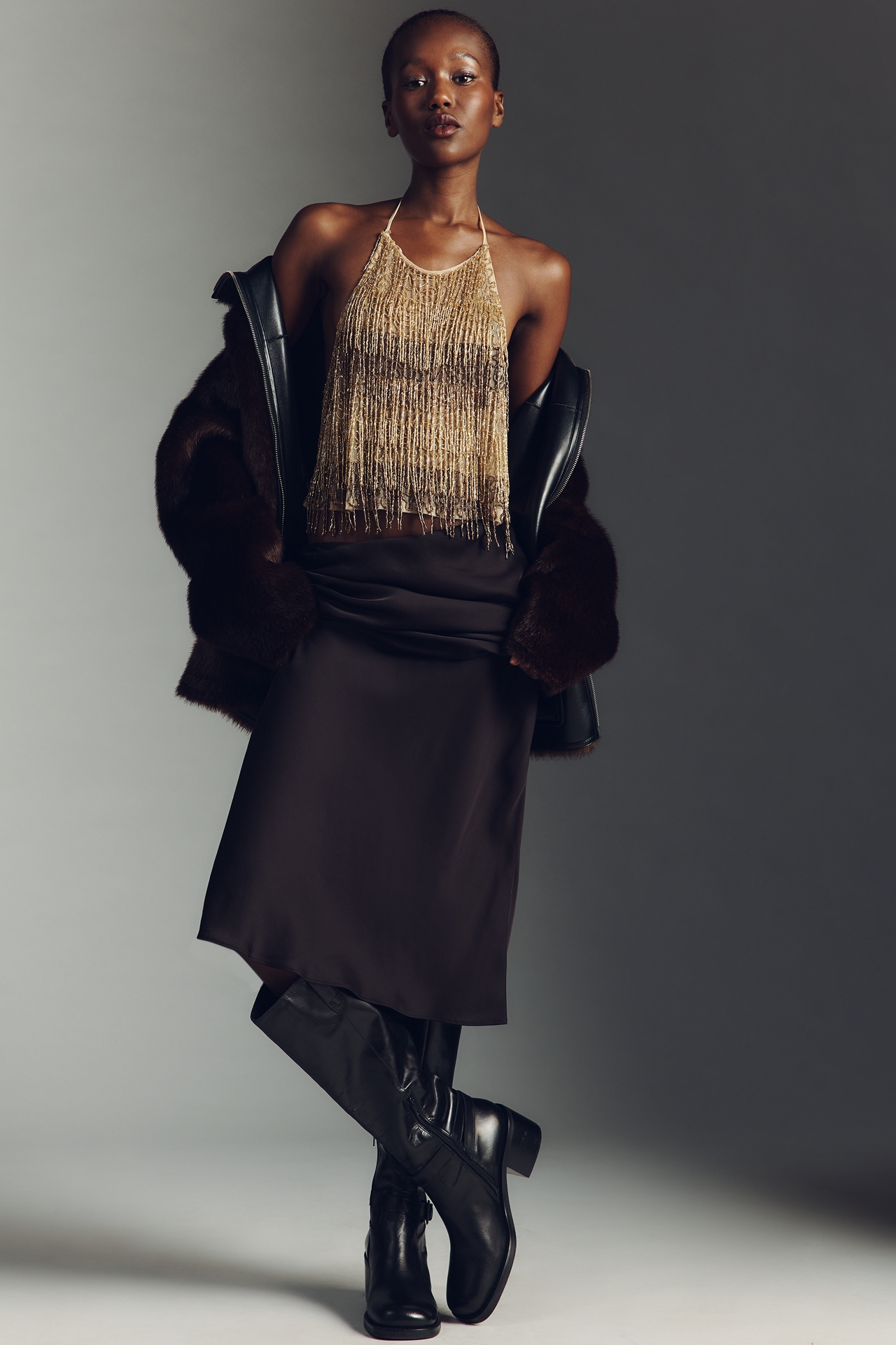 By Anthropologie Fringe Beaded Halter Cami