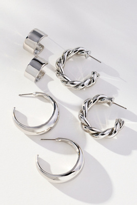 By Anthropologie Shaped Hoop Earrings, Set Of 3 In Silver