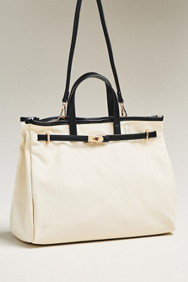 By Anthropologie Faux Leather Trim Belted Canvas Tote In Black