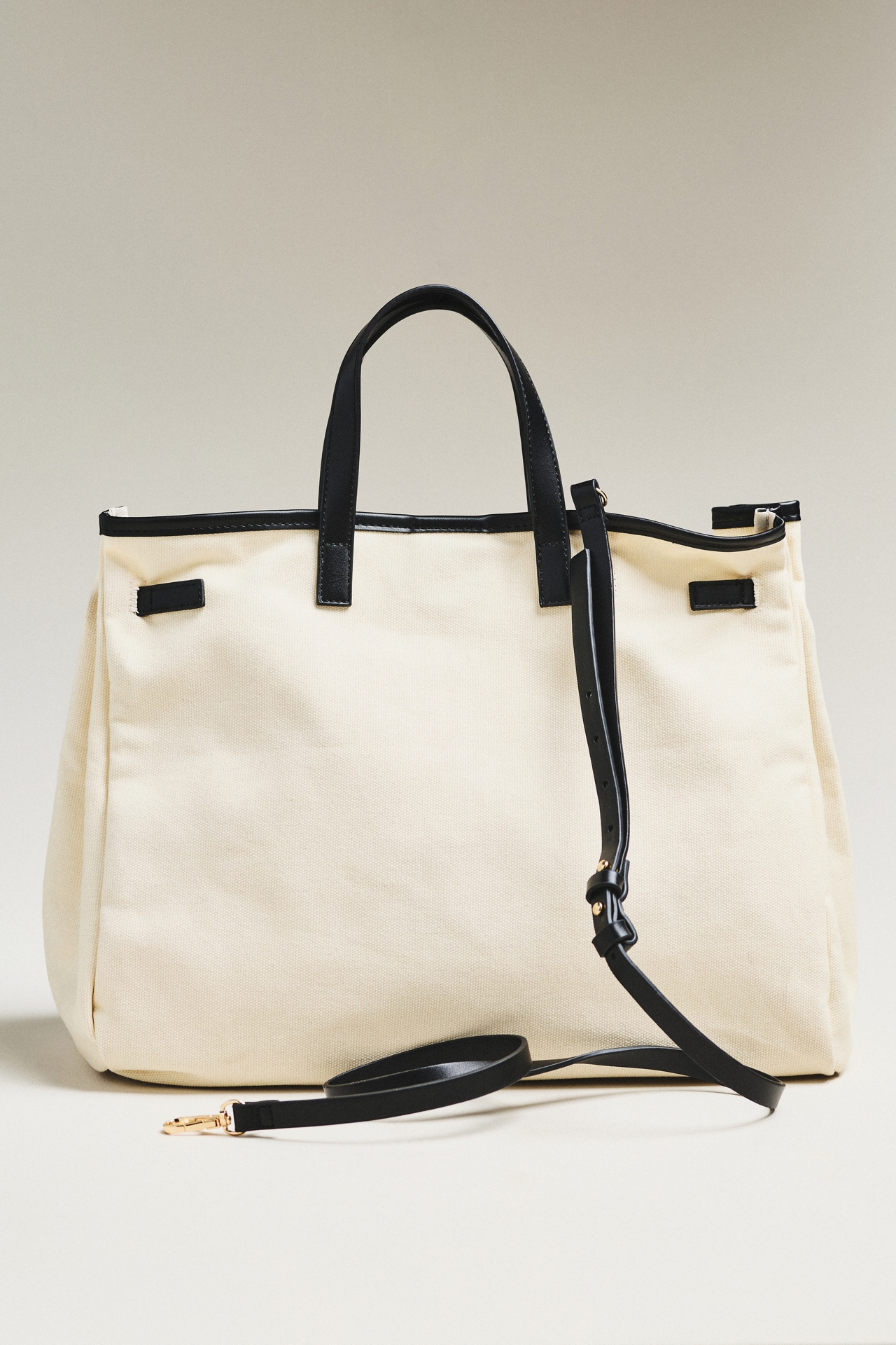 Faux-Leather Trim Belted Canvas Tote